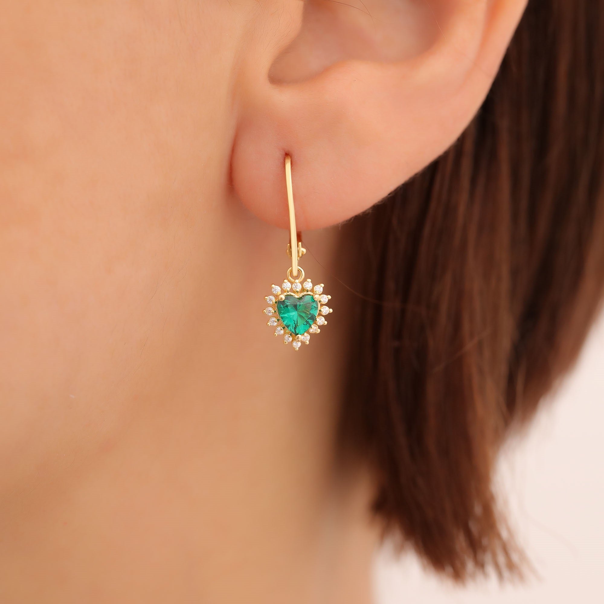 Emerald Heart Dangle Earring by Real Diamonds in 14K Solid Gold, May Birthstone Jewelry Queen Jewelry Earrings