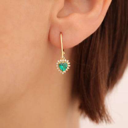 Emerald Heart Dangle Earring by Real Diamonds in 14K Solid Gold, May Birthstone Jewelry Queen Jewelry Earrings