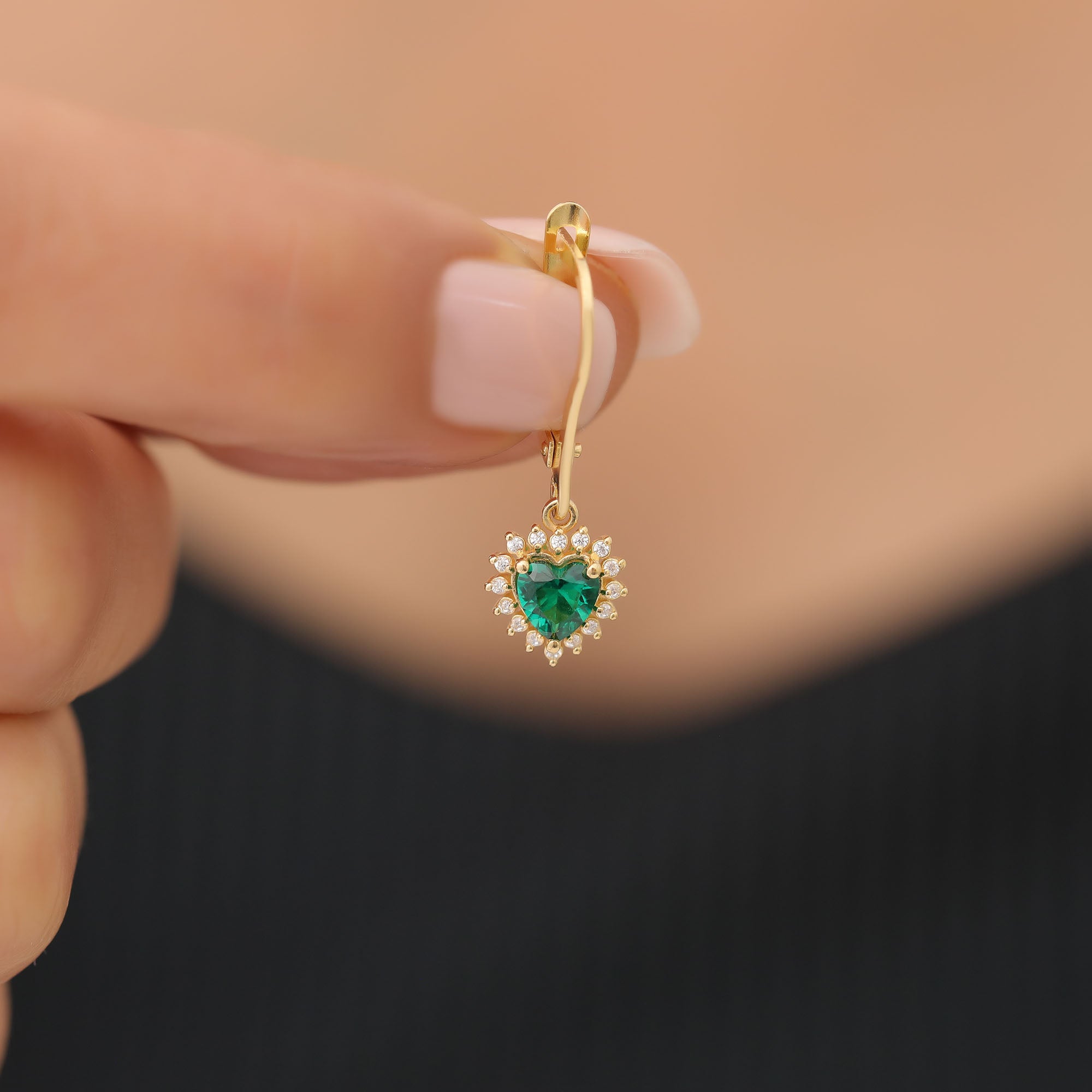 Emerald Heart Dangle Earring by Real Diamonds in 14K Solid Gold, May Birthstone Jewelry Queen Jewelry Earrings