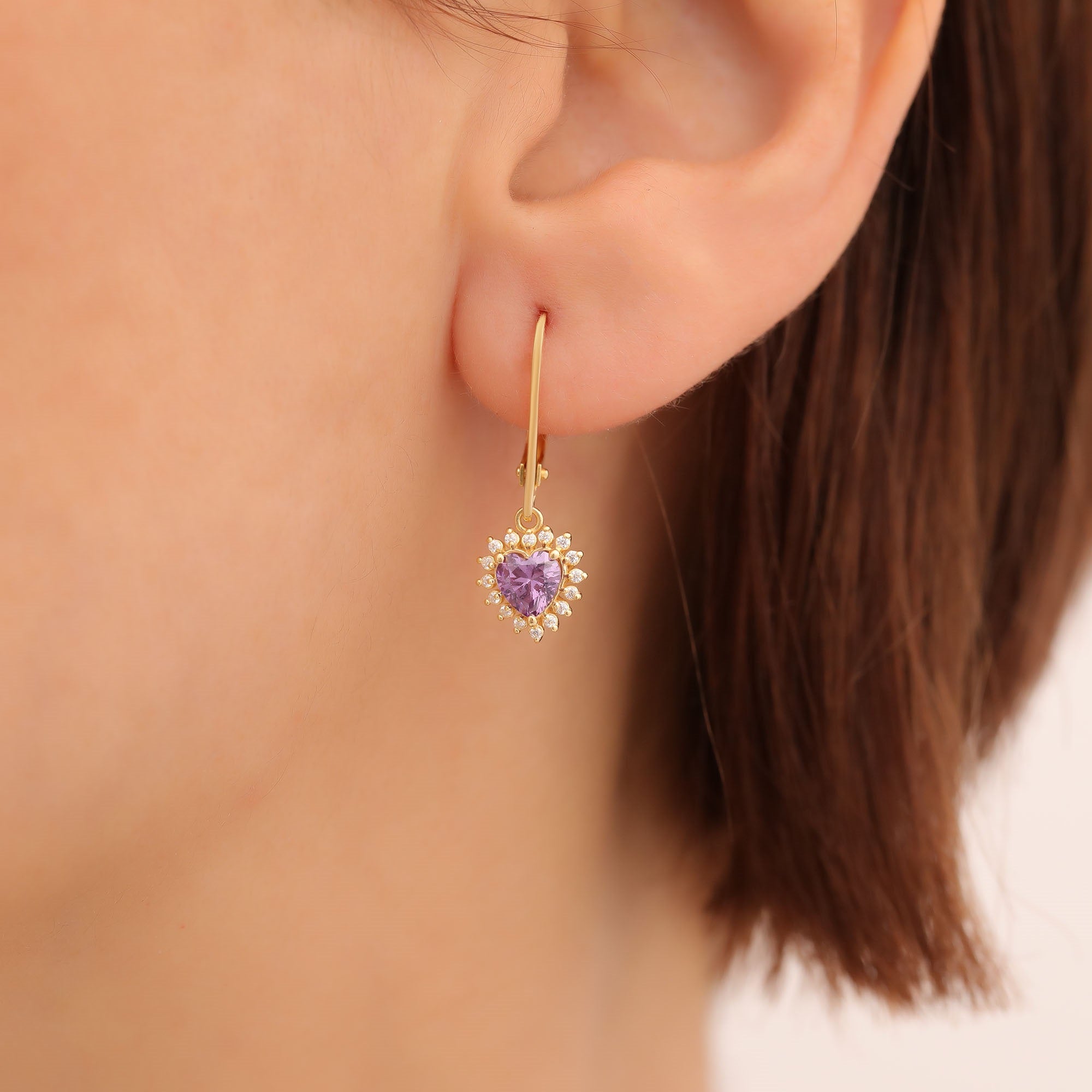 Amethyst Heart Dangle Earring by Real Diamonds in 14K Solid Gold, February Birthstone Jewelry Queen Jewelry Earrings