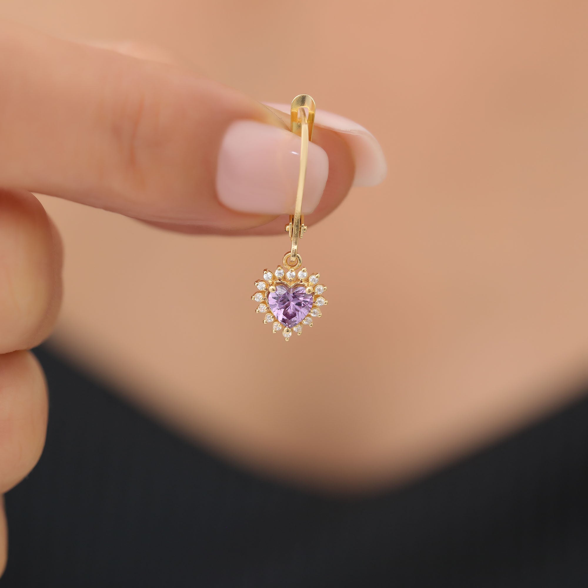 Amethyst Heart Dangle Earring by Real Diamonds in 14K Solid Gold, February Birthstone Jewelry Queen Jewelry Earrings