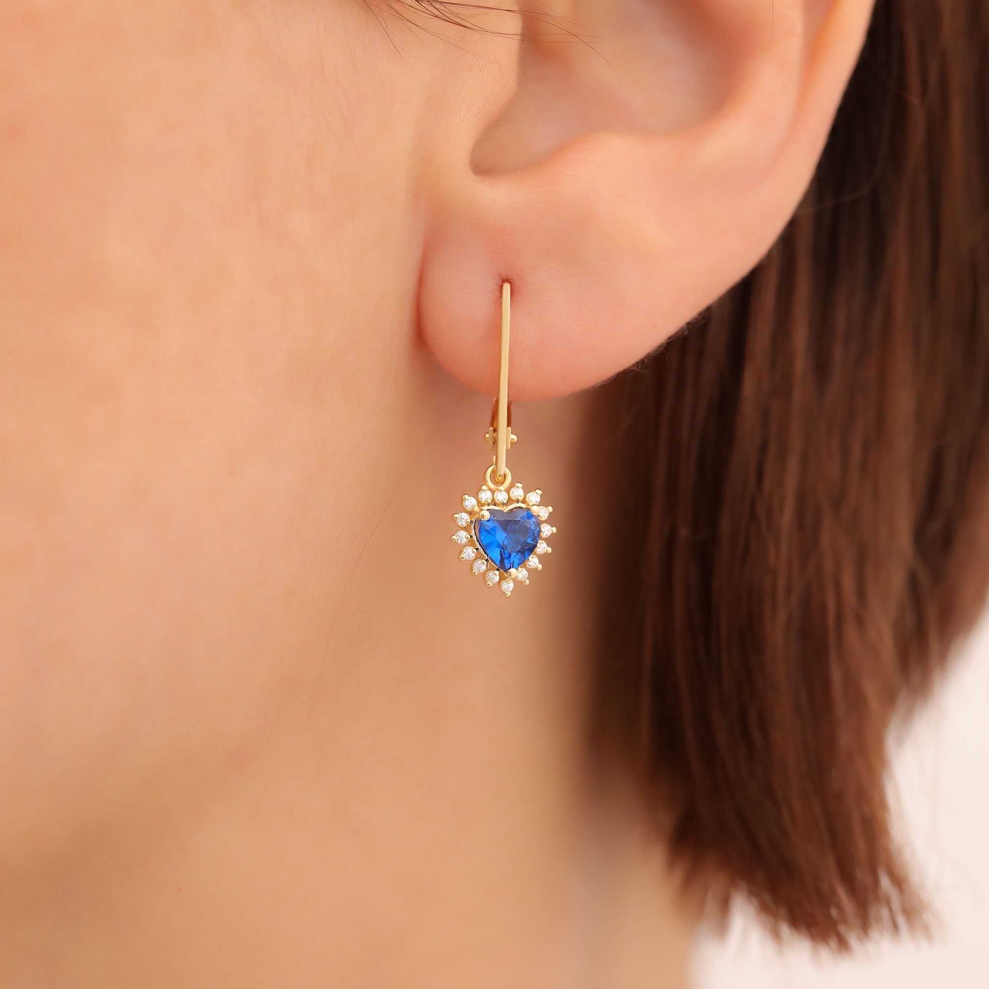 Sapphire Heart Dangle Earring by Real Diamonds in 14K Solid Gold, September Birthstone Jewelry Queen Jewelry Earrings