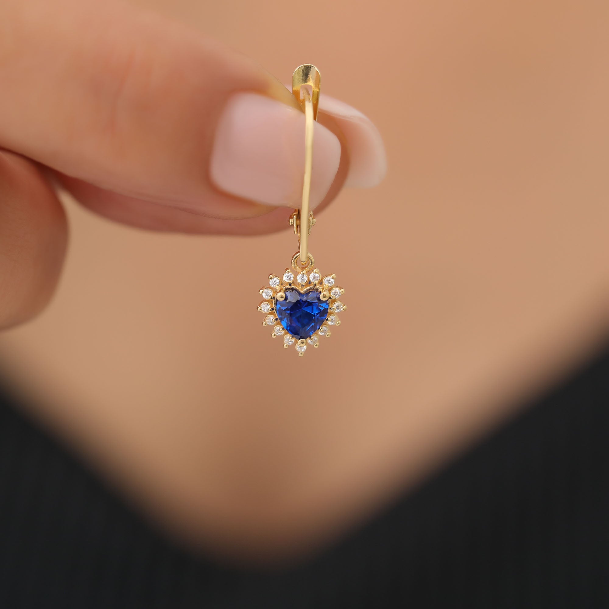 Sapphire Heart Dangle Earring by Real Diamonds in 14K Solid Gold, September Birthstone Jewelry Queen Jewelry Earrings