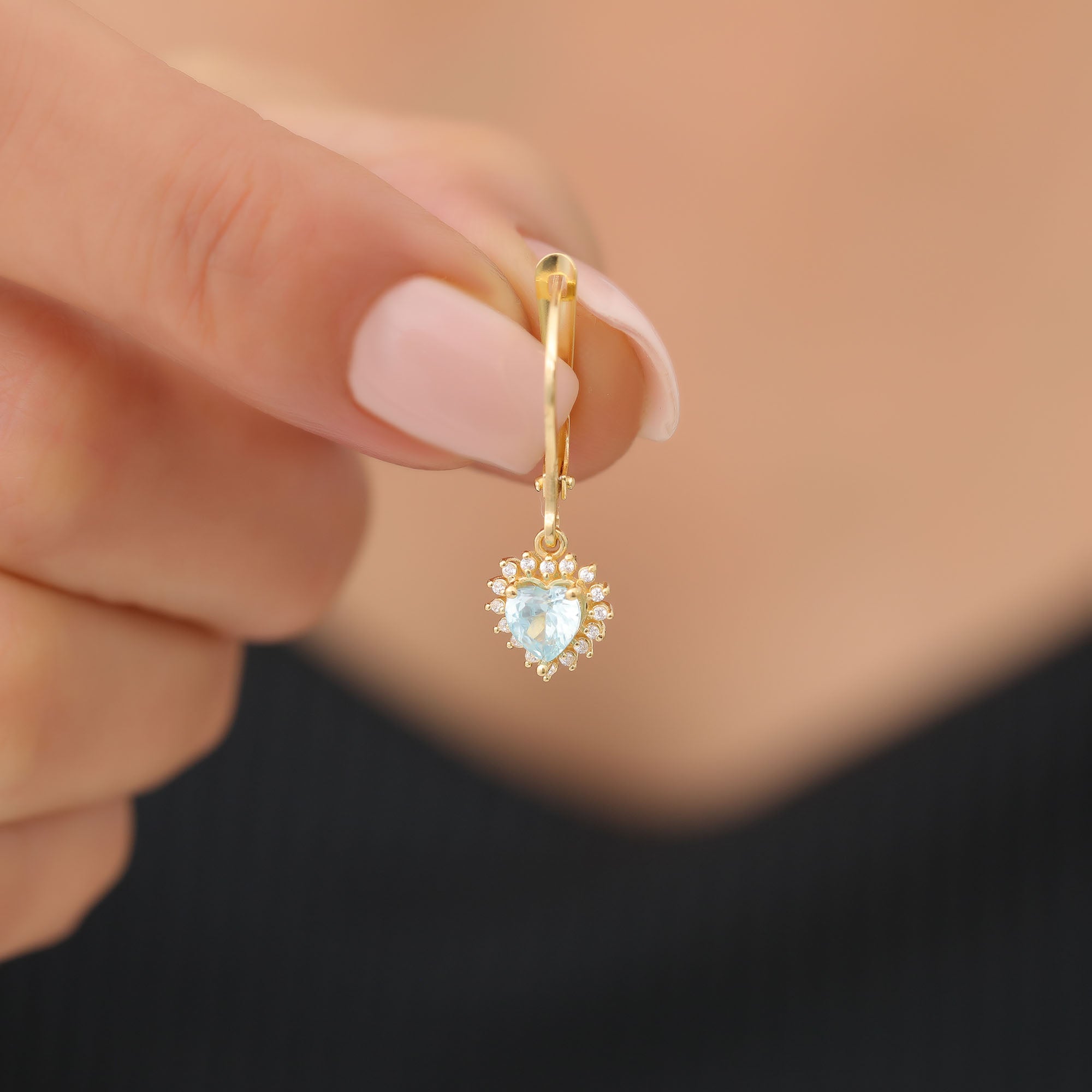 Aquamarine Heart Dangle Earring by Real Diamonds in 14K Solid Gold, March Birthstone Jewelry Queen Jewelry Earrings