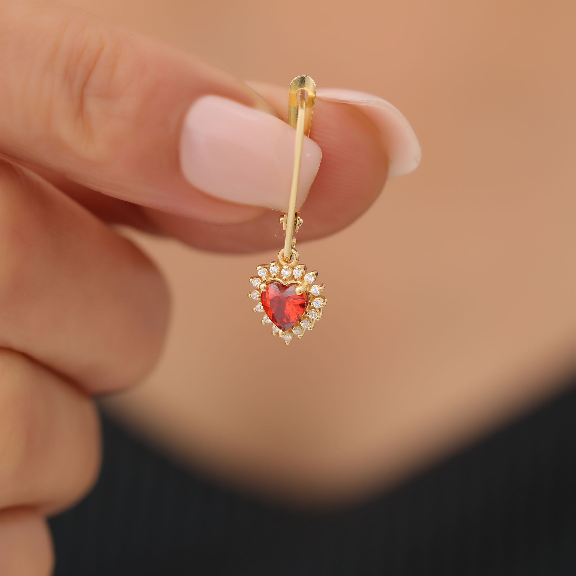 Garnet Heart Dangle Earring by Real Diamonds in 14K Solid Gold, January Birthstone Jewelry Queen Jewelry Earrings
