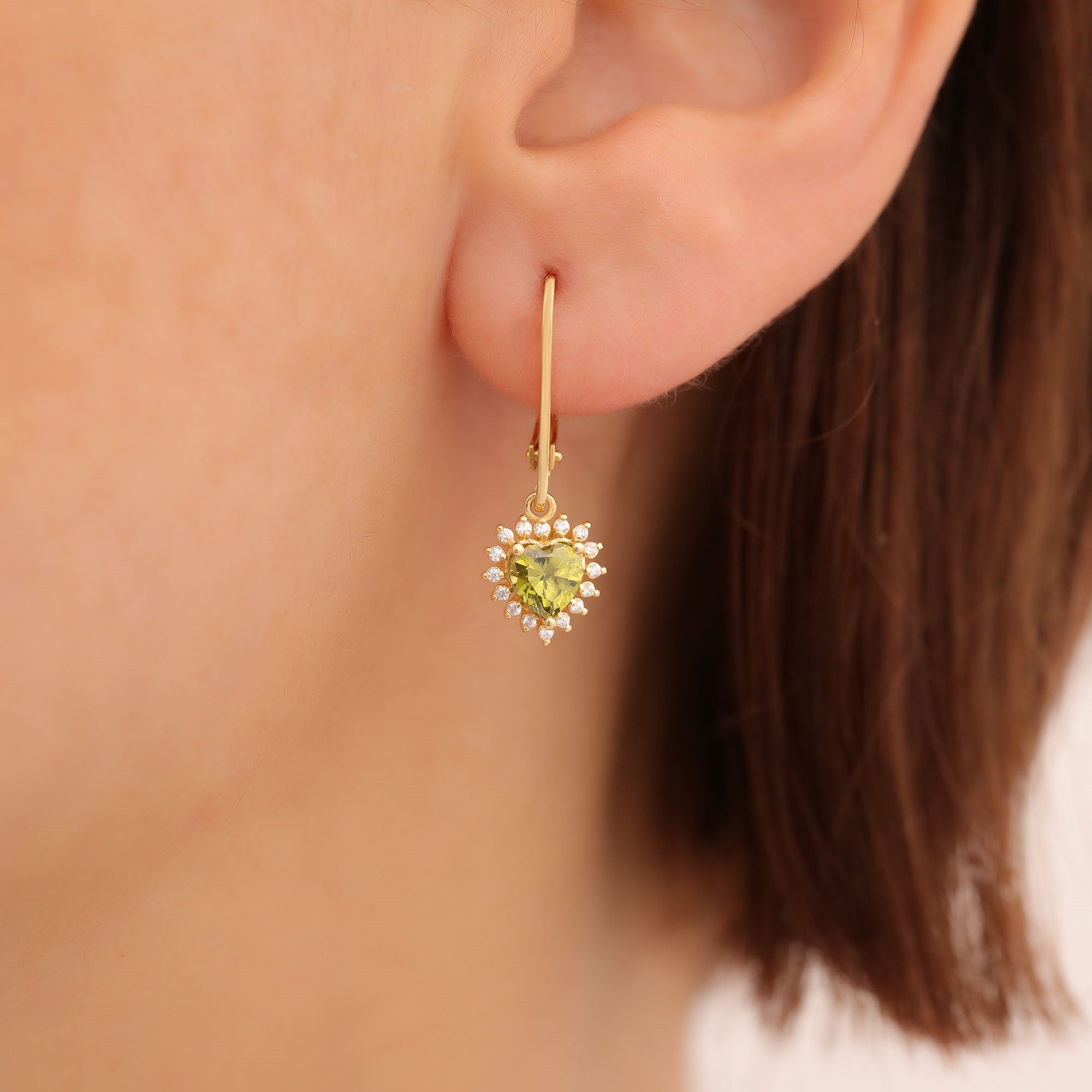 Peridot Heart Dangle Earring by Real Diamonds in 14K Solid Gold, August Birthstone Jewelry Queen Jewelry Earrings