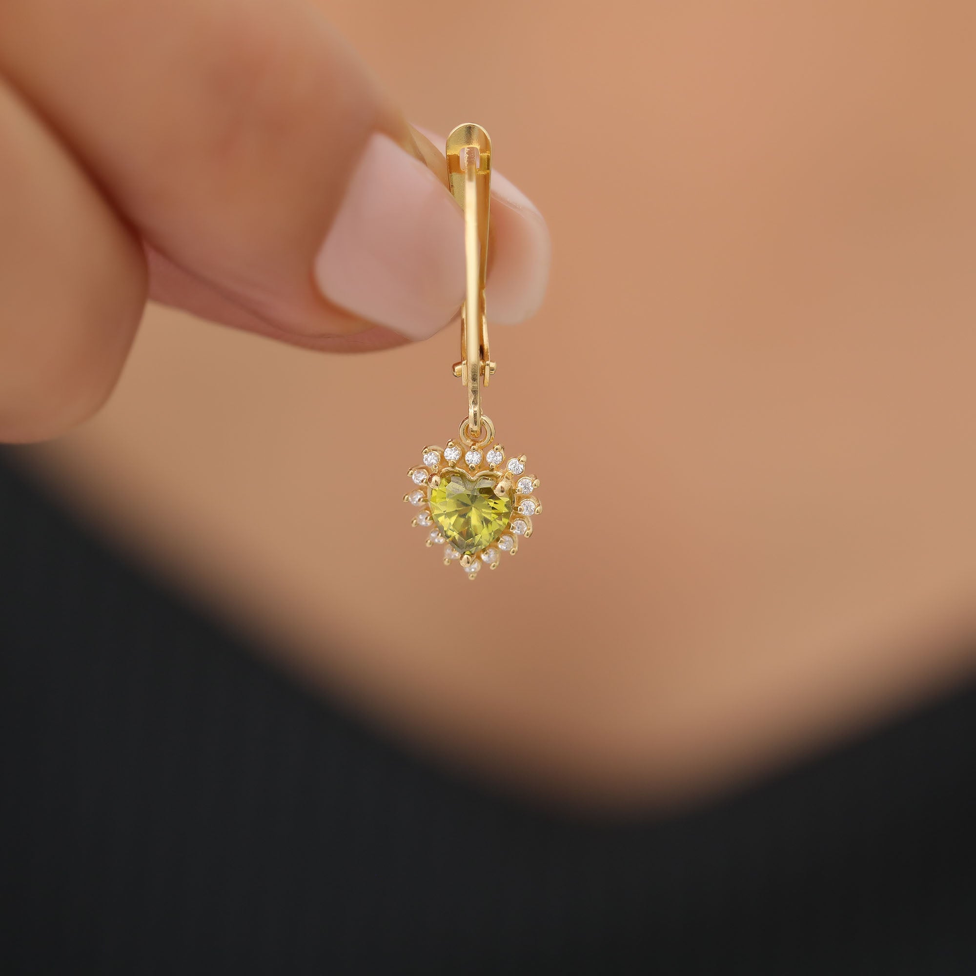 Peridot Heart Dangle Earring by Real Diamonds in 14K Solid Gold, August Birthstone Jewelry Queen Jewelry Earrings
