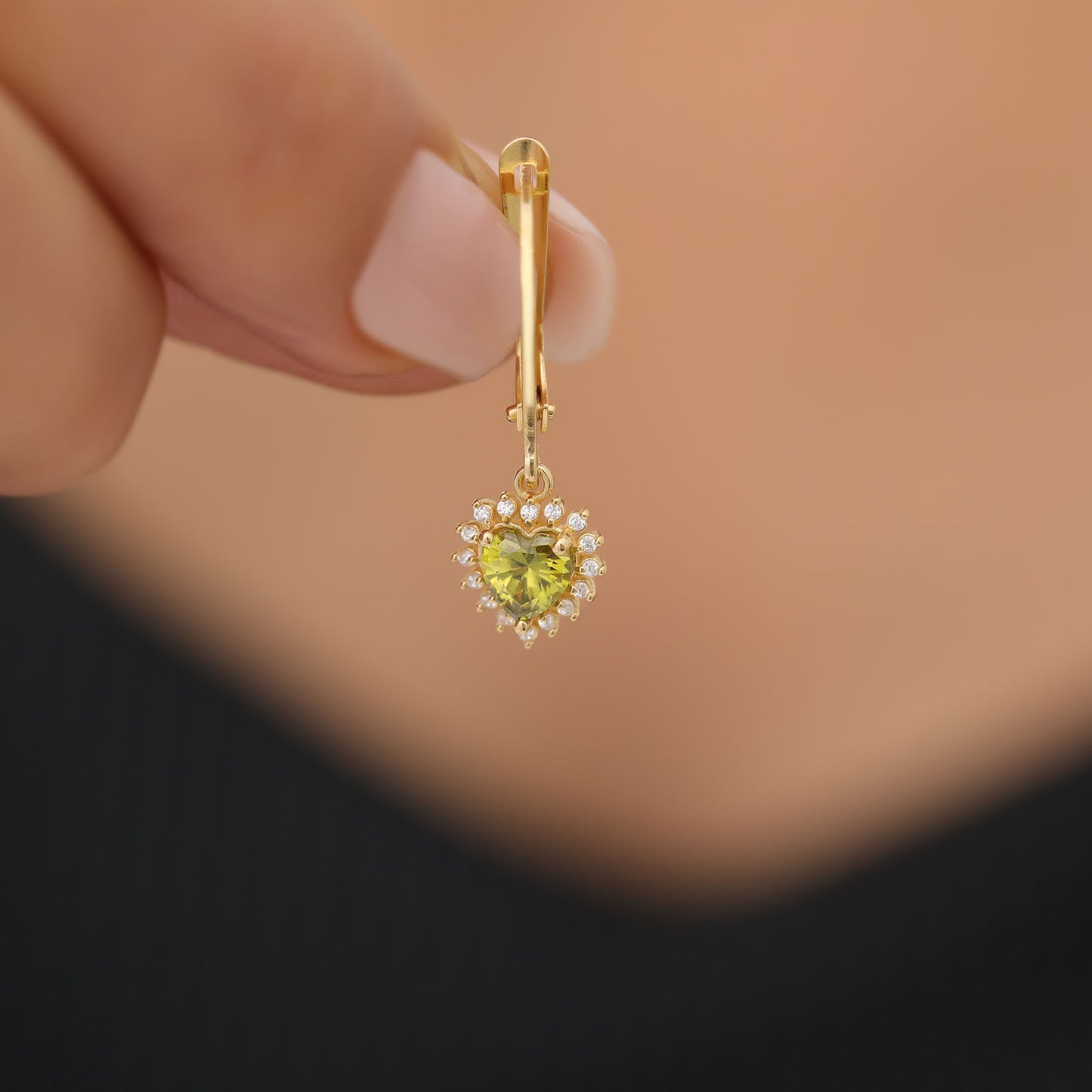 Peridot Heart Dangle Earring by Real Diamonds in 14K Solid Gold, August Birthstone Jewelry Queen Jewelry Earrings