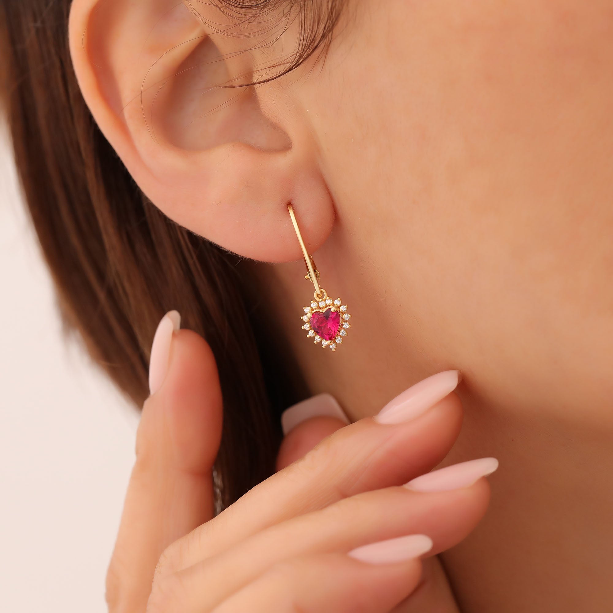Ruby Heart Dangle Earring by Real Diamonds in 14K Solid Gold, July Birthstone Jewelry Queen Jewelry Earrings
