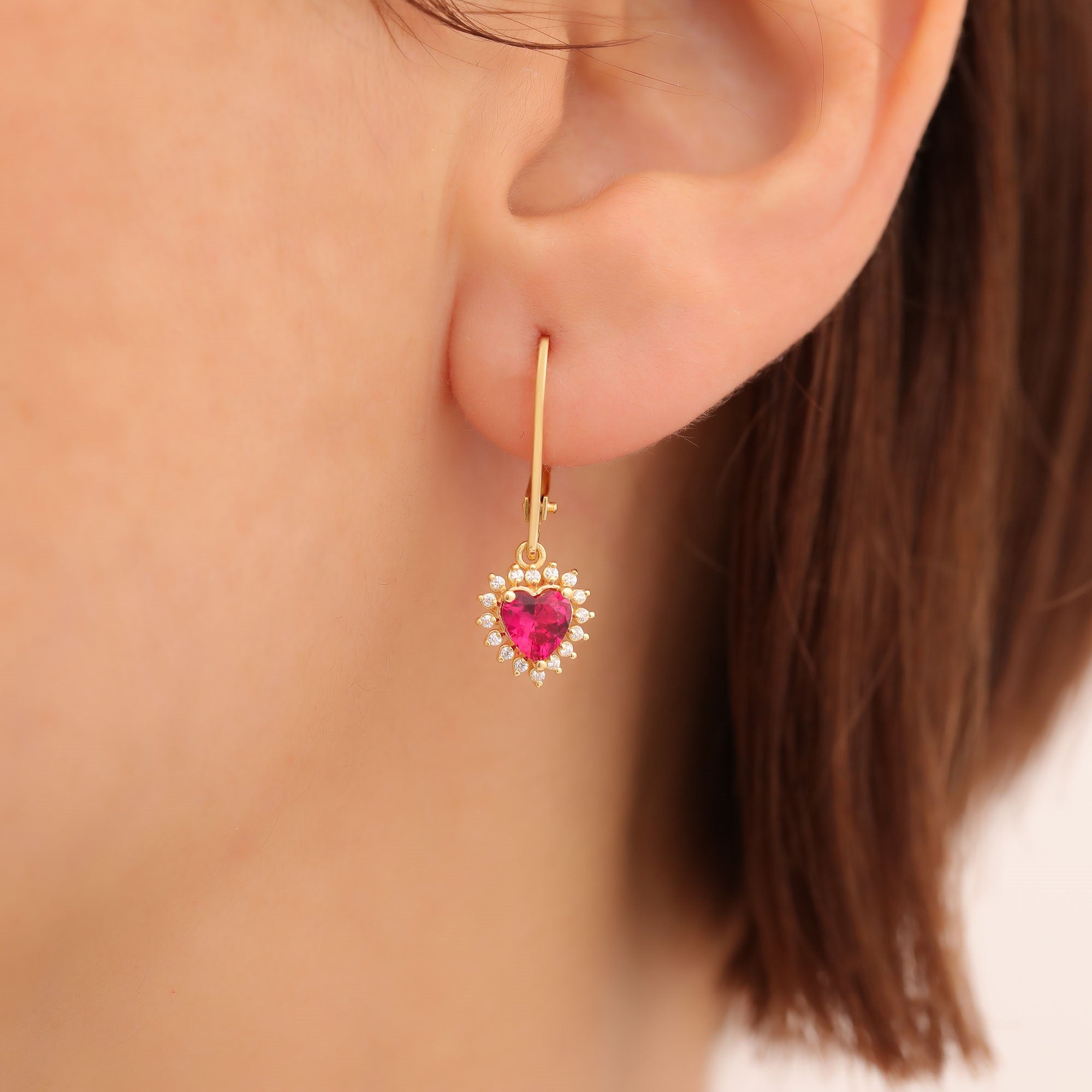 Ruby Heart Dangle Earring by Real Diamonds in 14K Solid Gold, July Birthstone Jewelry Queen Jewelry Earrings