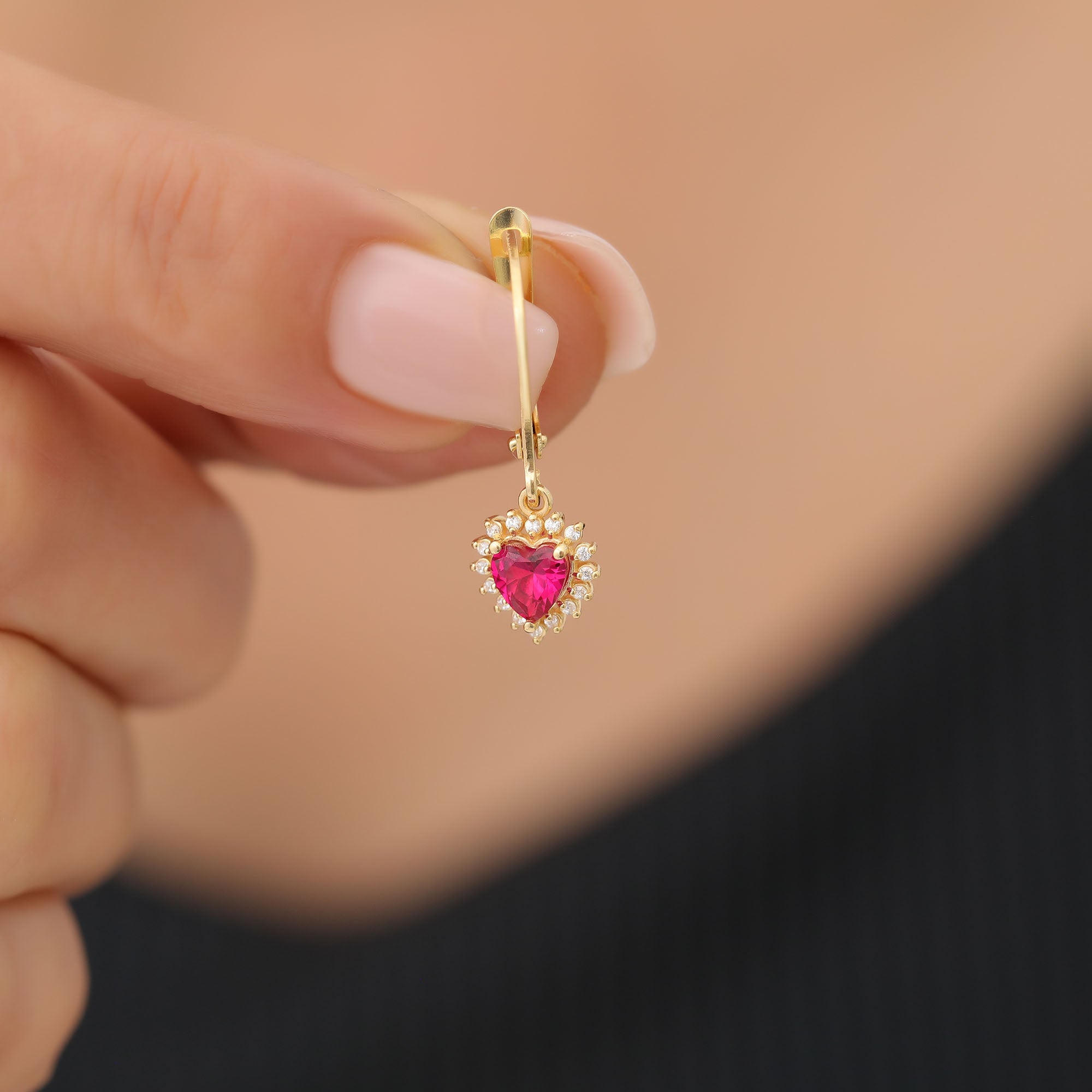 Ruby Heart Dangle Earring by Real Diamonds in 14K Solid Gold, July Birthstone Jewelry Queen Jewelry Earrings