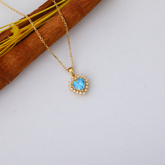 Blue Topaz Heart Necklace Surrounded by Real Diamonds in 14K Solid Gold Pendant, December Birthstone Charms Queen Jewelry Necklace