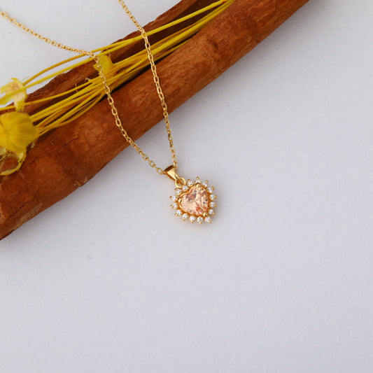 Citrine Heart Necklace Surrounded by Real Diamonds in 14K Solid Gold Pendant, November Birthstone Charms Queen Jewelry Necklace