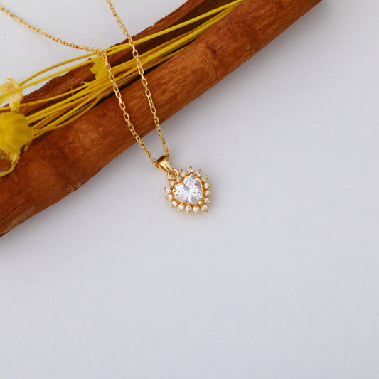 White Topaz Heart Necklace Surrounded by Real Diamonds in 14K Solid Gold Pendant, April Birthstone Charms Queen Jewelry Necklace