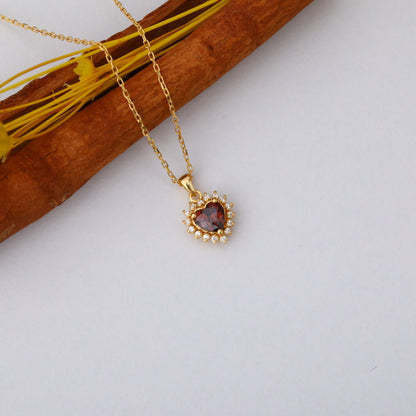 Smoky Quartz Heart Necklace Surrounded by Real Diamonds in 14K Solid Gold Pendant, Birthstone Charms Queen Jewelry Necklace