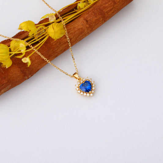 Sapphire Heart Necklace Surrounded by Real Diamonds in 14K Solid Gold Pendant, September Birthstone Charms Queen Jewelry Necklace