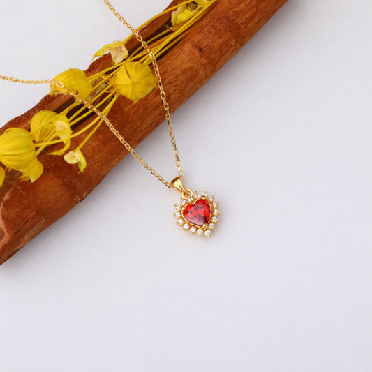 Garnet Heart Necklace Surrounded by Real Diamonds in 14K Solid Gold Pendant, January Birthstone Charms Queen Jewelry Necklace