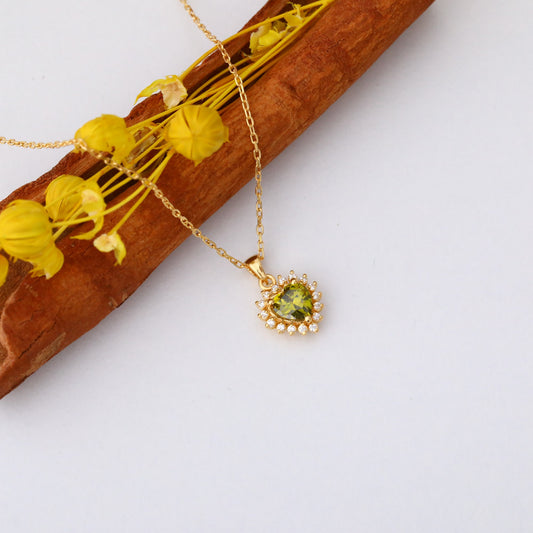 Peridot Heart Necklace Surrounded by Real Diamonds in 14K Solid Gold Pendant, August Birthstone Charms Queen Jewelry Necklace