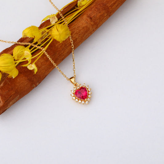 Ruby Heart Necklace Surrounded by Real Diamonds in 14K Solid Gold Pendant, July Birthstone Charms Queen Jewelry Necklace
