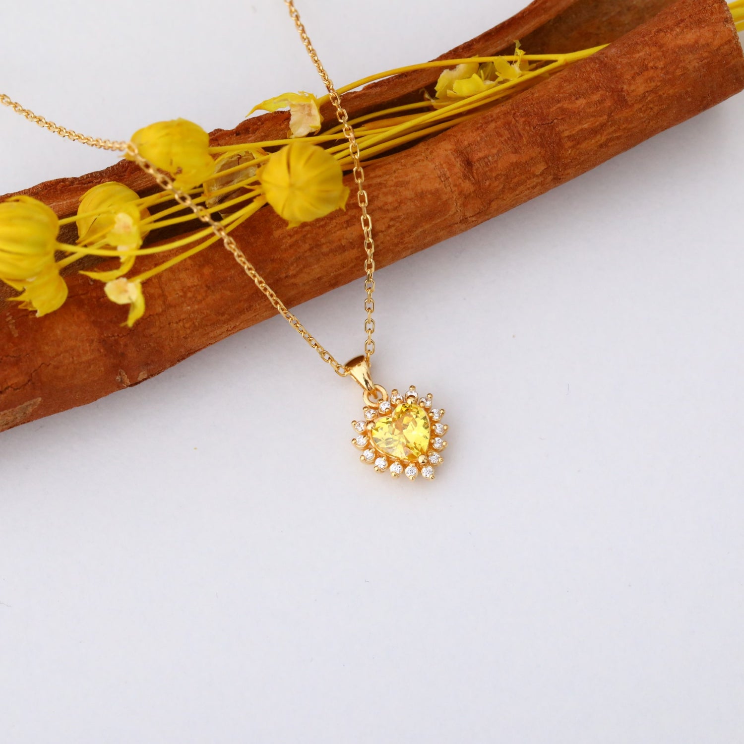 Yellow Topaz Heart Necklace Surrounded by Real Diamonds in 14K Solid Gold Pendant, Birthstone Charms Queen Jewelry Necklace