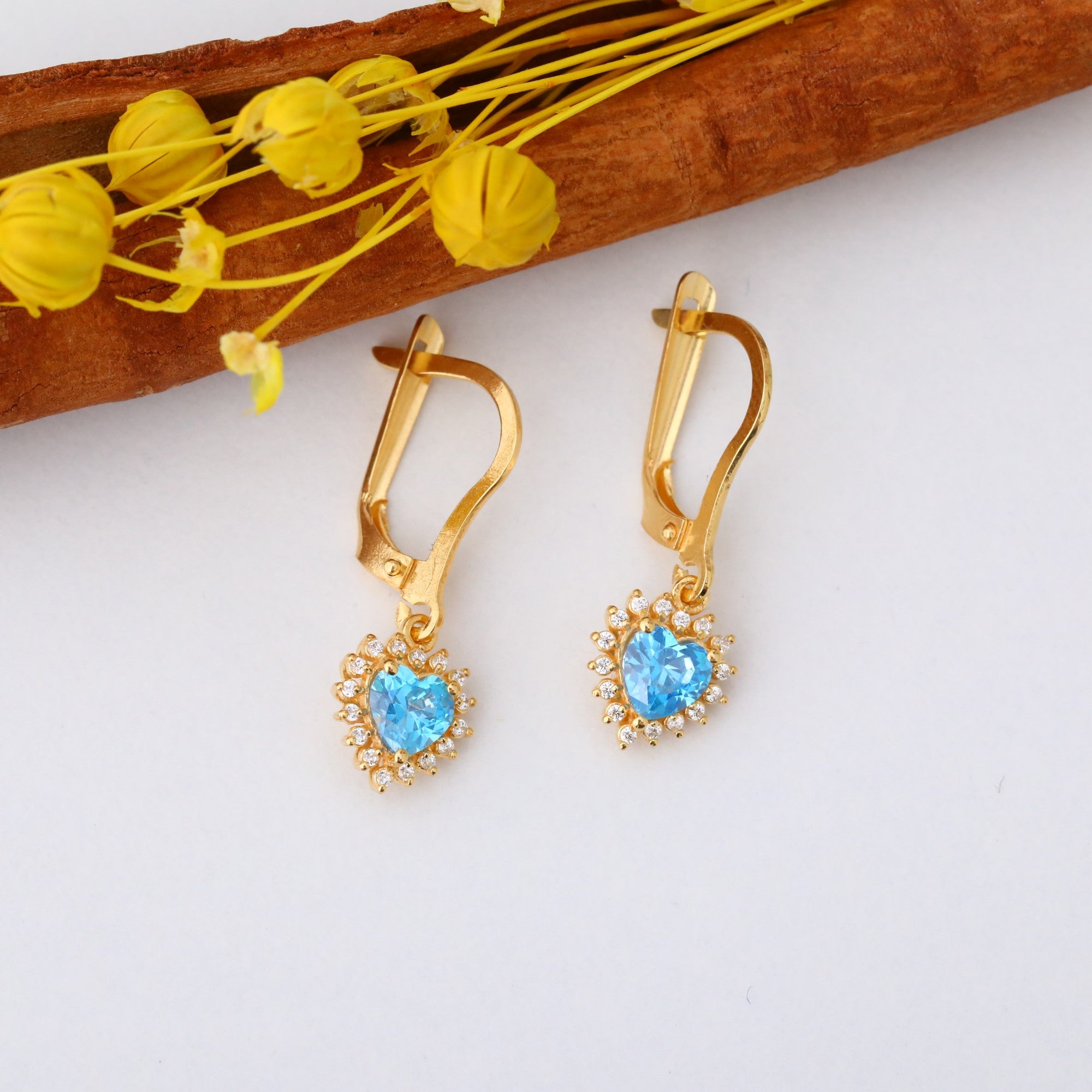 Blue Topaz Heart Dangle Earring by Real Diamonds in 14K Solid Gold, December Birthstone Jewelry Queen Jewelry Earrings