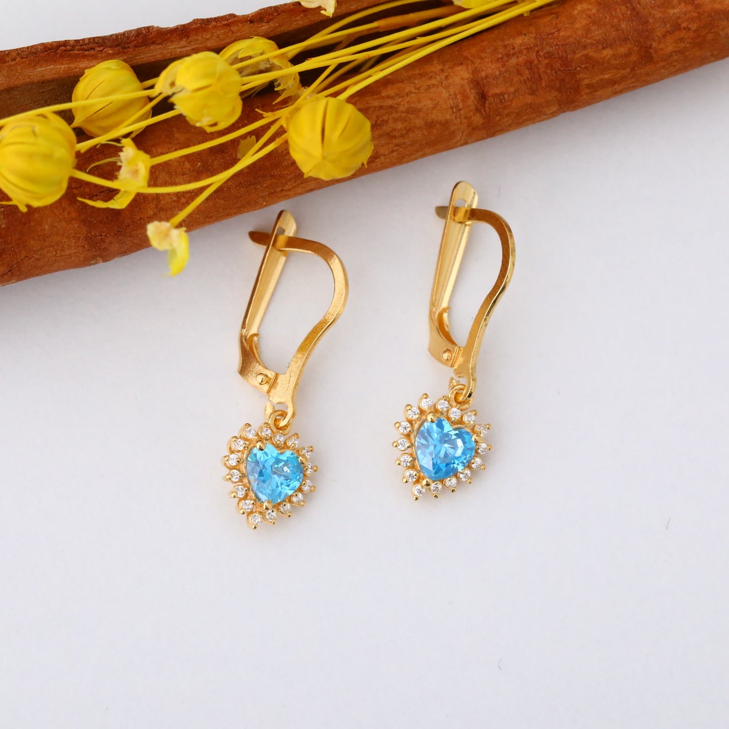 Blue Topaz Heart Dangle Earring by Real Diamonds in 14K Solid Gold, December Birthstone Jewelry Queen Jewelry Earrings
