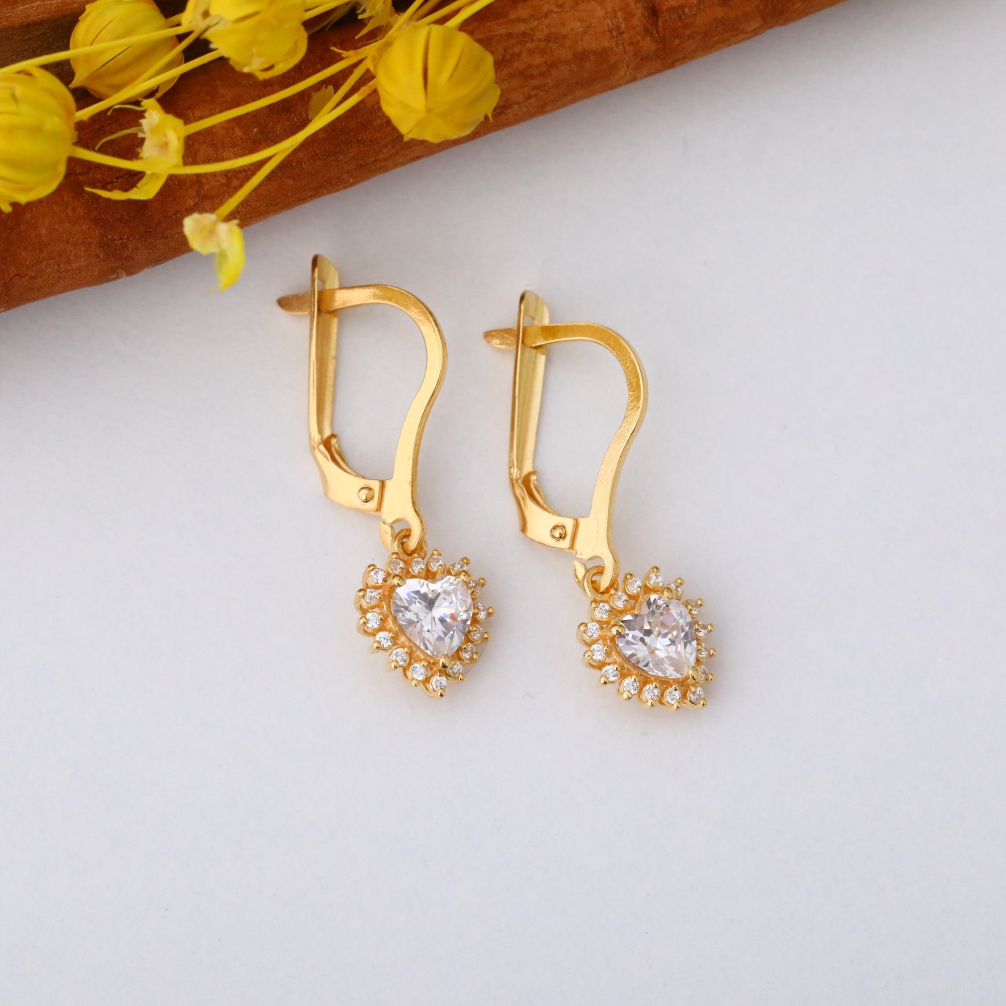 White Topaz Heart Dangle Earring by Real Diamonds in 14K Solid Gold, Birthstone Jewelry Queen Jewelry Earrings