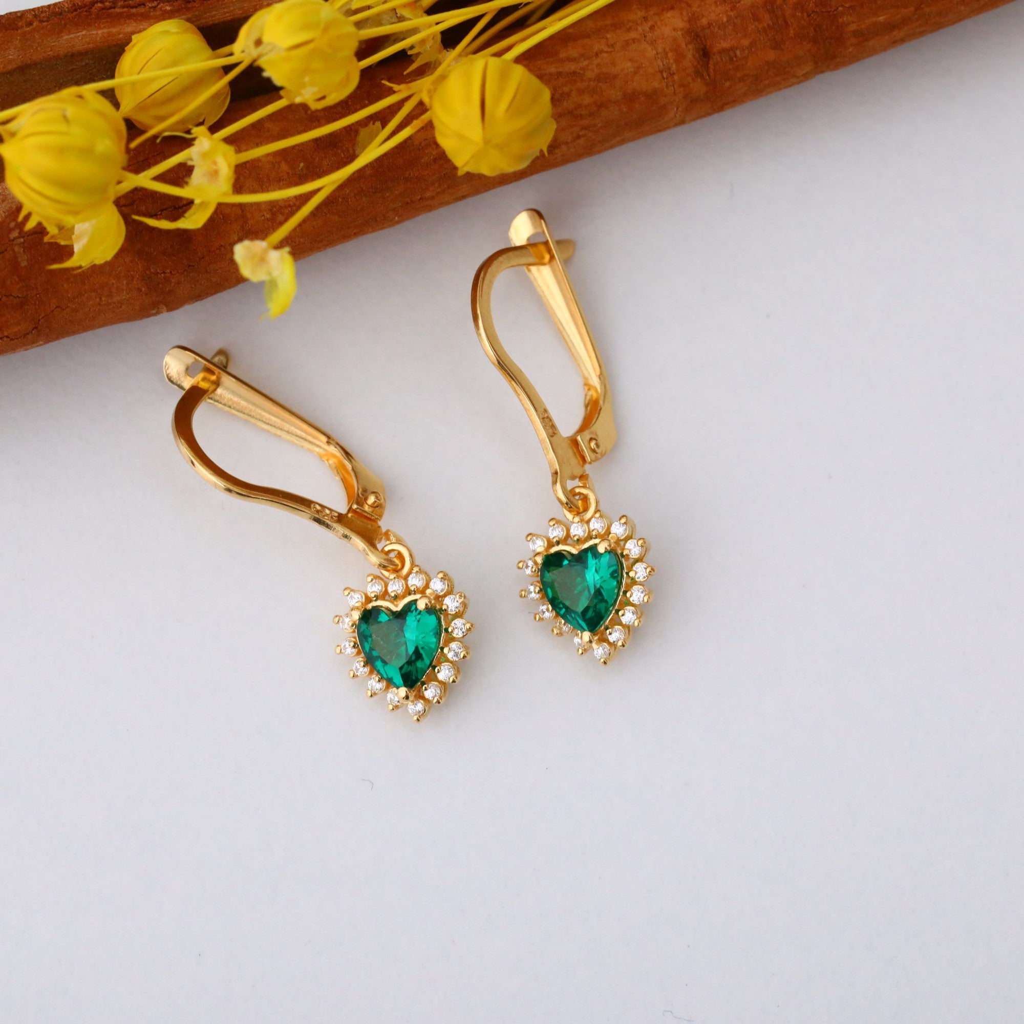 Emerald Heart Dangle Earring by Real Diamonds in 14K Solid Gold, May Birthstone Jewelry Queen Jewelry Earrings