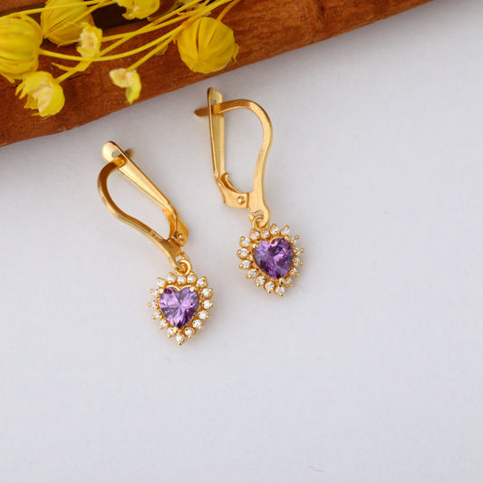 Amethyst Heart Dangle Earring by Real Diamonds in 14K Solid Gold, February Birthstone Jewelry Queen Jewelry Earrings