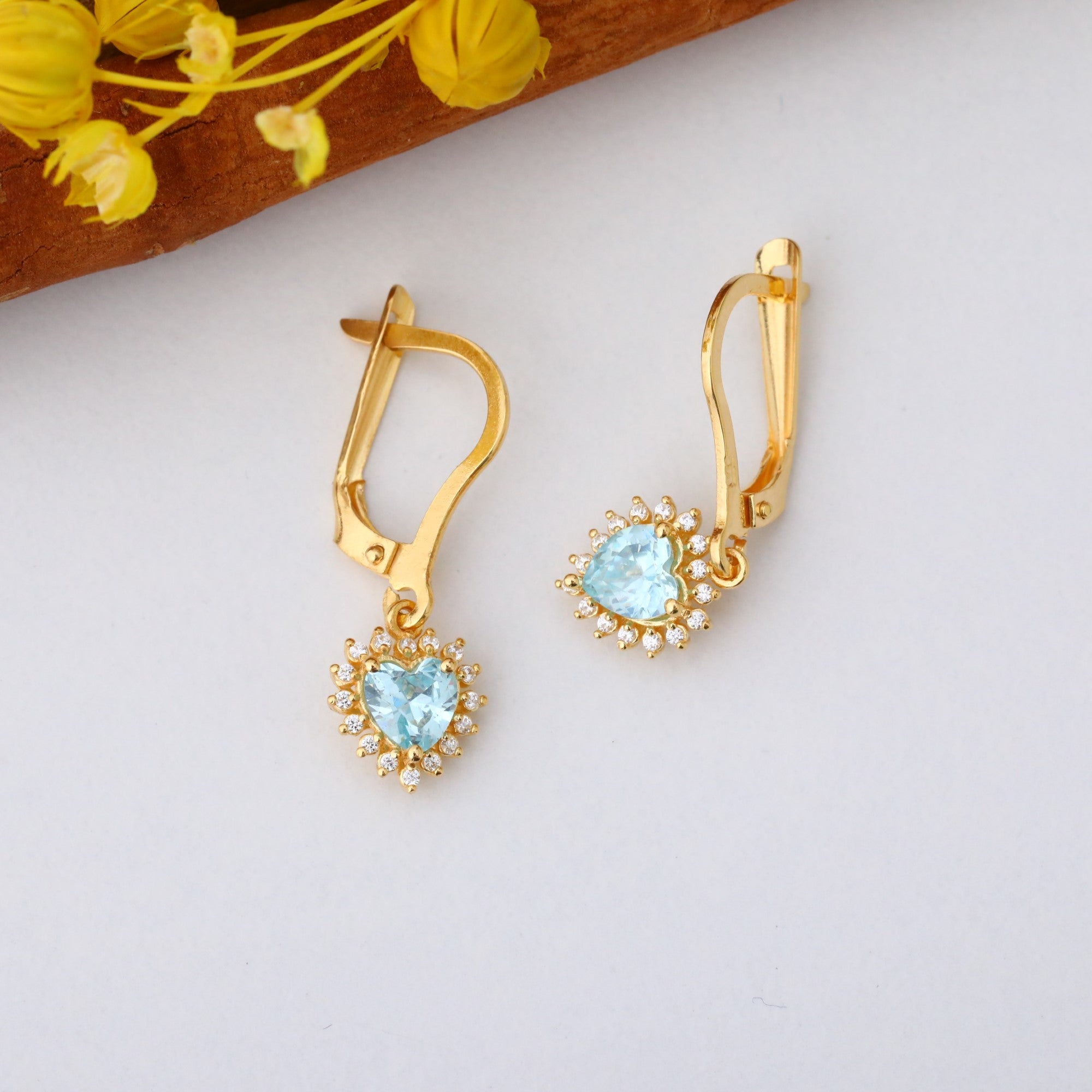Aquamarine Heart Dangle Earring by Real Diamonds in 14K Solid Gold, March Birthstone Jewelry Queen Jewelry Earrings