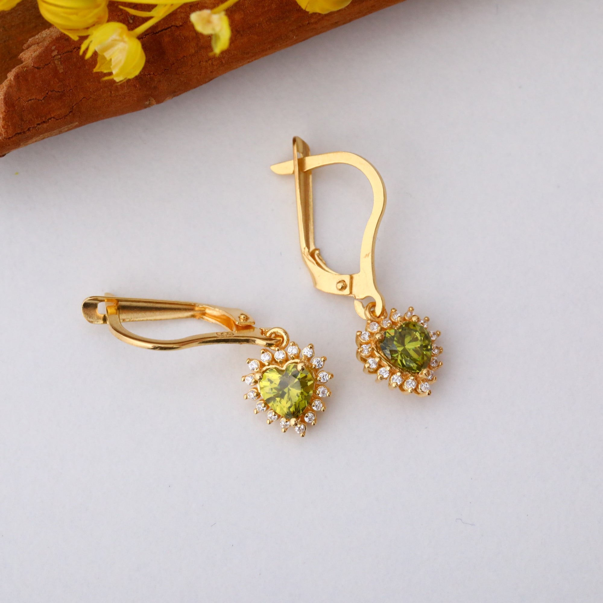 Peridot Heart Dangle Earring by Real Diamonds in 14K Solid Gold, August Birthstone Jewelry Queen Jewelry Earrings
