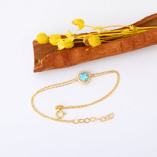 Blue Topaz Heart Bracelet by 16 Real Diamonds in 14K Solid Gold, December Birthstone Jewelry Queen Jewelry Bracelet