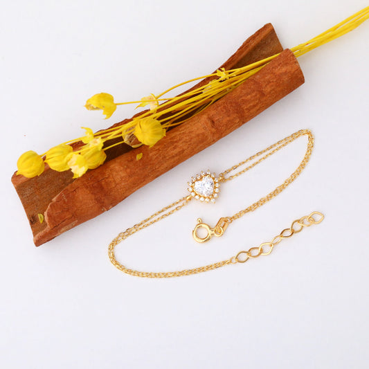 White Topaz Heart Bracelet by 16 Real Diamonds in 14K Solid Gold, April Birthstone Jewelry Queen Jewelry Bracelet