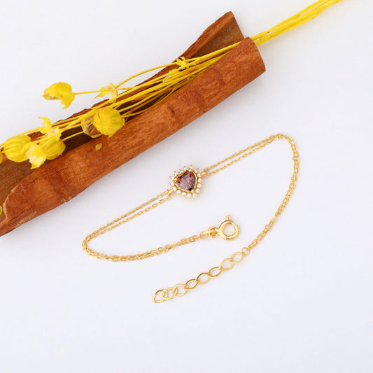 Smoky Quartz Heart Bracelet by 16 Real Diamonds in 14K Solid Gold, Birthstone Jewelry Queen Jewelry Bracelet