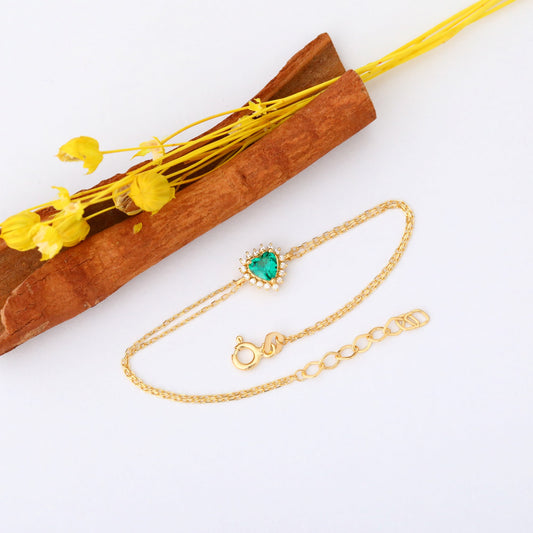 Emerald Heart Bracelet by 16 Real Diamonds in 14K Solid Gold, May Birthstone Jewelry Queen Jewelry Bracelet