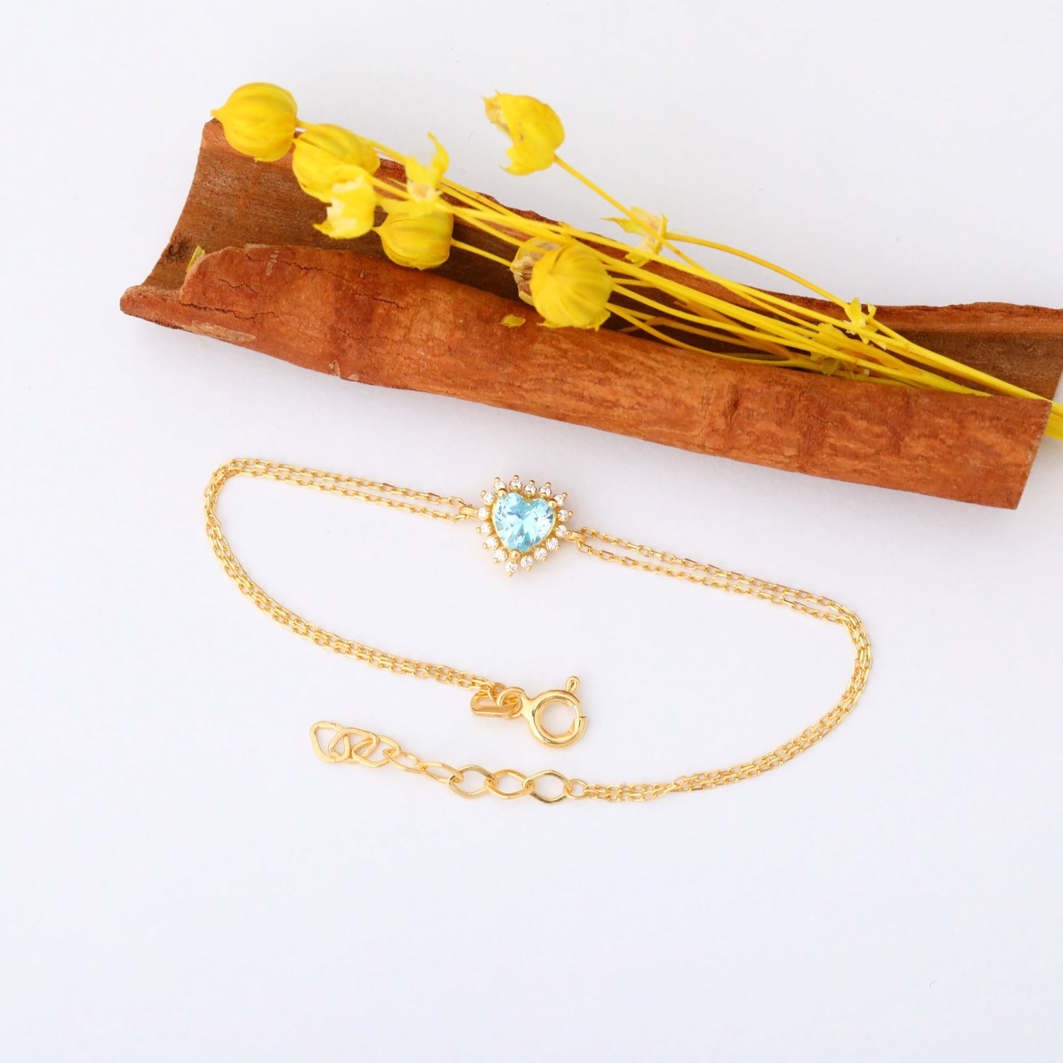 Aquamarine Heart Bracelet by 16 Real Diamonds in 14K Solid Gold, March Birthstone Jewelry Queen Jewelry Bracelet