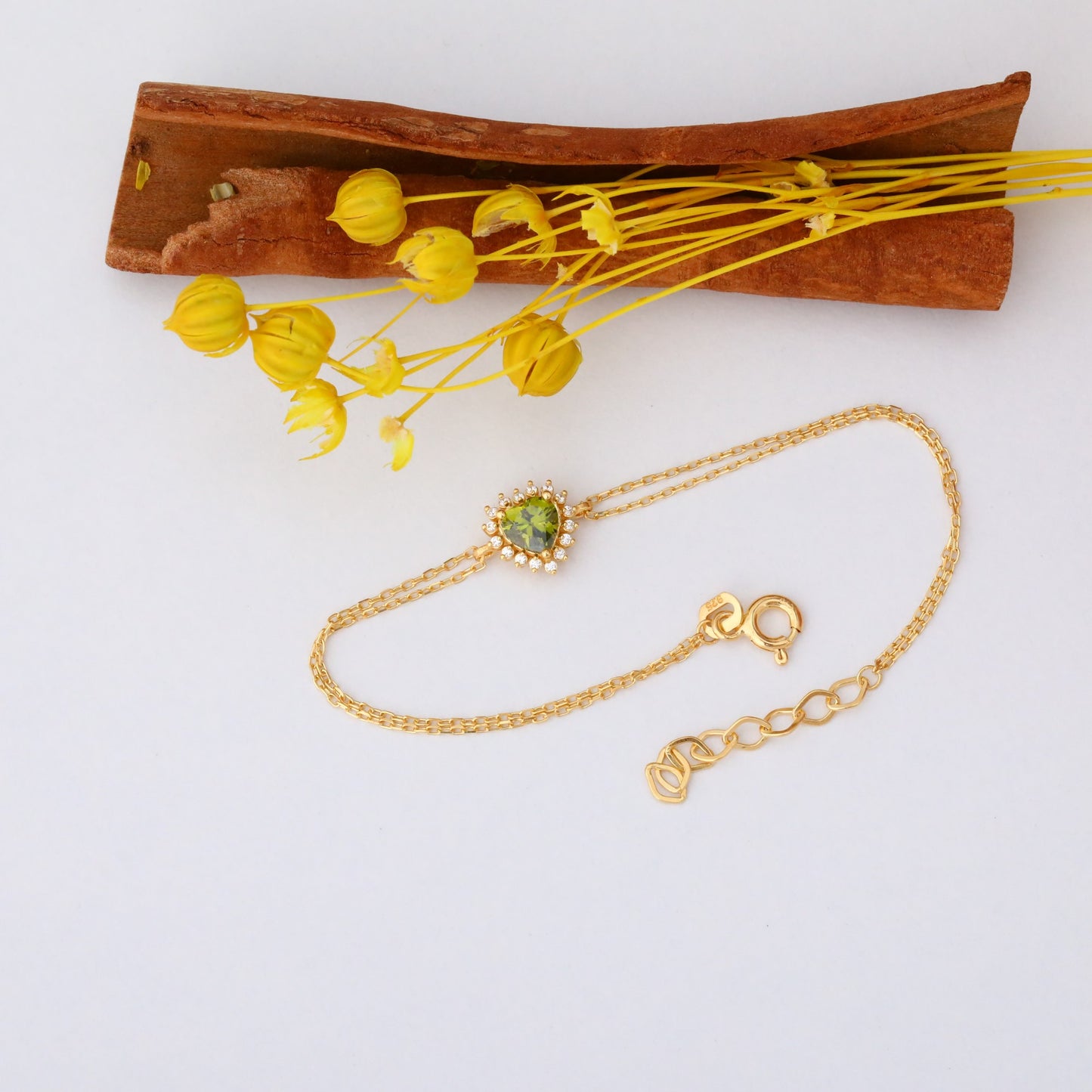 Peridot Heart Bracelet by 16 Real Diamonds in 14K Solid Gold, August Birthstone Jewelry Queen Jewelry Bracelet