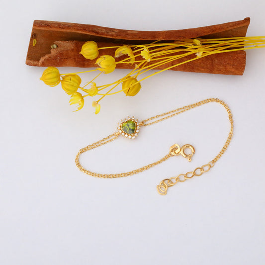 Peridot Heart Bracelet by 16 Real Diamonds in 14K Solid Gold, August Birthstone Jewelry Queen Jewelry Bracelet