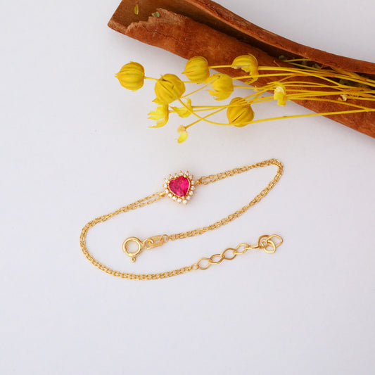 Ruby Heart Bracelet by 16 Real Diamonds in 14K Solid Gold, July Birthstone Jewelry Queen Jewelry Bracelet