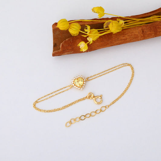 Yellow Topaz Heart Bracelet by 16 Real Diamonds in 14K Solid Gold, Birthstone Jewelry Queen Jewelry Bracelet
