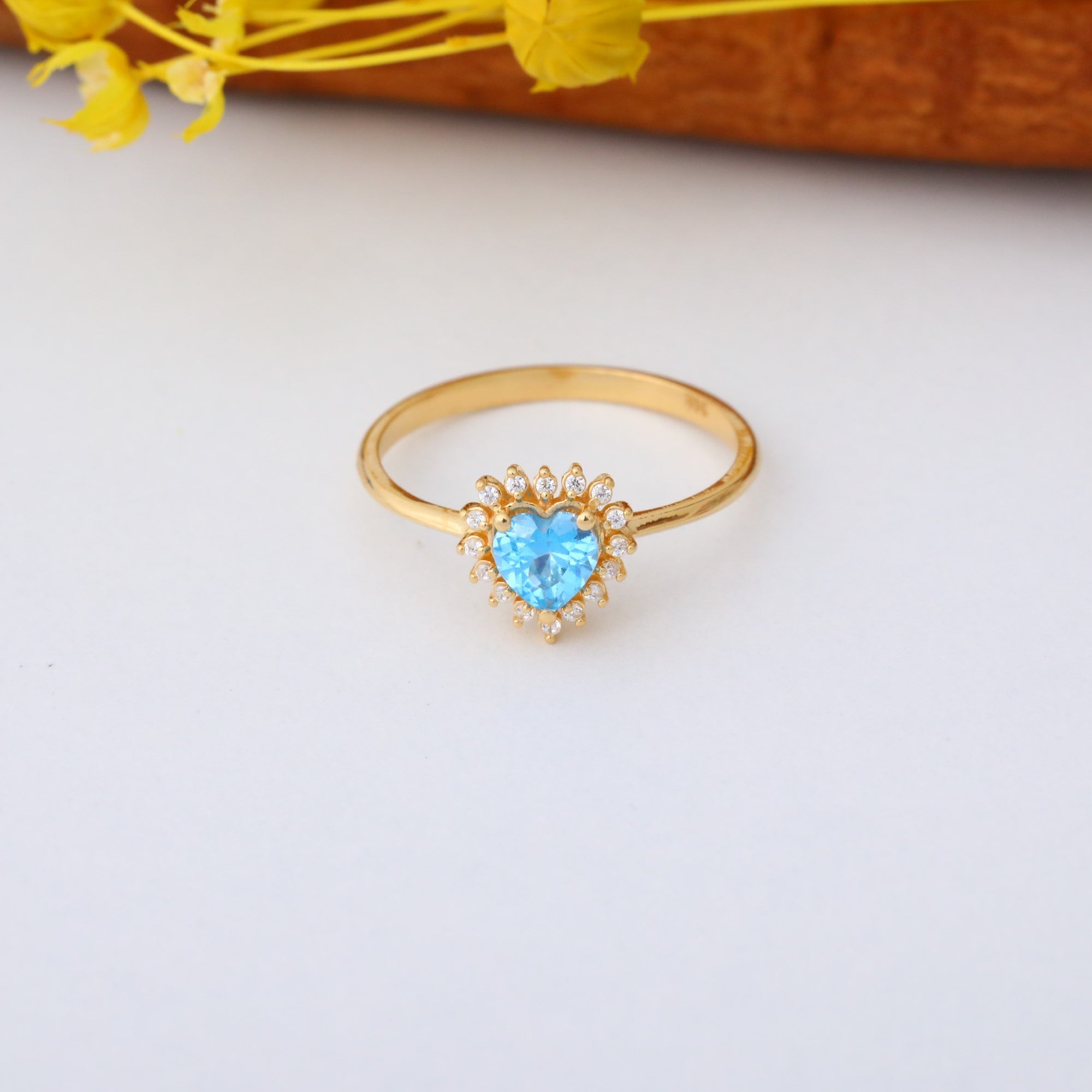 Blue Topaz Heart Ring by 16 Real Diamonds in 14K Solid Gold, December Birthstone Jewelry Queen Jewelry Rings