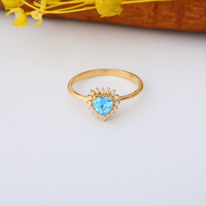 Blue Topaz Heart Ring by 16 Real Diamonds in 14K Solid Gold, December Birthstone Jewelry Queen Jewelry Rings