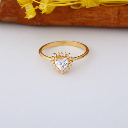 White Topaz Heart Ring by 16 Real Diamonds in 14K Solid Gold, April Birthstone Jewelry Queen Jewelry Rings