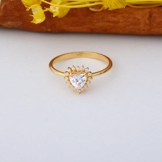 White Topaz Heart Ring by 16 Real Diamonds in 14K Solid Gold, April Birthstone Jewelry Queen Jewelry Rings