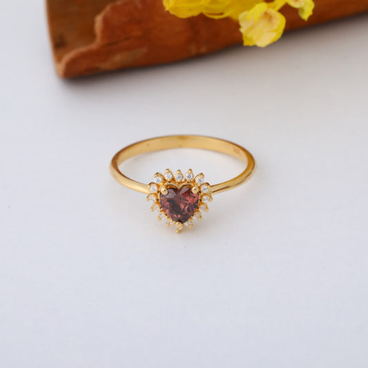 Smoky Quartz Heart Ring by 16 Real Diamonds in 14K Solid Gold, Birthstone Jewelry Queen Jewelry Rings