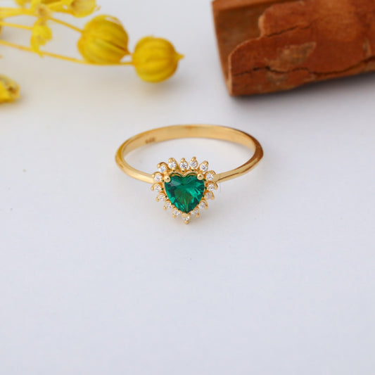 Emerald Heart Ring by 16 Real Diamonds in 14K Solid Gold, May Birthstone Jewelry Queen Jewelry Rings