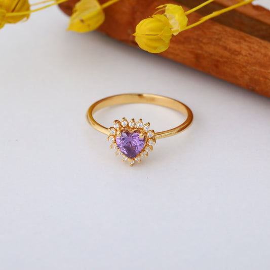 Amethyst Heart Ring by 16 Real Diamonds in 14K Solid Gold, February Birthstone Jewelry Queen Jewelry Rings