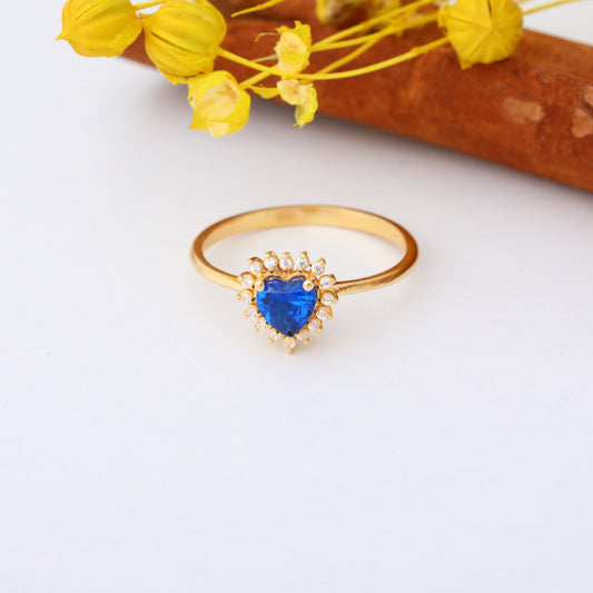 Sapphire Heart Ring by 16 Real Diamonds in 14K Solid Gold, September Birthstone Jewelry Queen Jewelry Rings