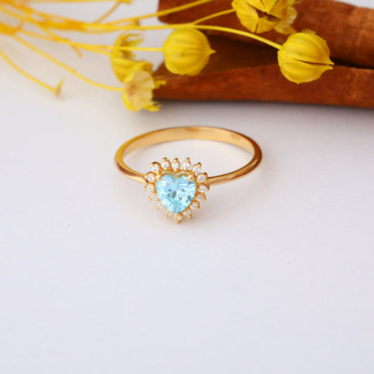 Aquamarine Heart Ring by 16 Real Diamonds in 14K Solid Gold, March Birthstone Jewelry Queen Jewelry Rings