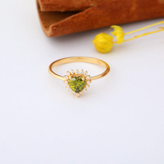 Peridot Heart Ring by 16 Real Diamonds in 14K Solid Gold, August Birthstone Jewelry Queen Jewelry Rings